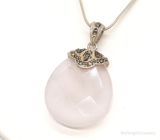 Vintage Large Rose Quartz Marcasite Sterling Silver Necklace — photo 1 of 10