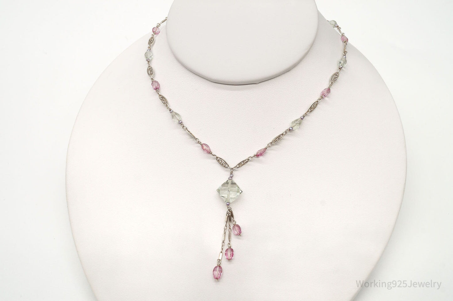 Vintage Prasiolite Pink Topaz Seed Pearls Sterling Silver Necklace