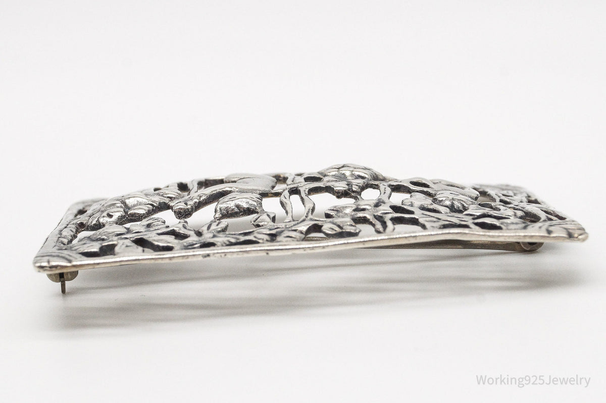 Large Rare Antique Wine Harvest / Making Wine Sterling Silver Brooch Pin