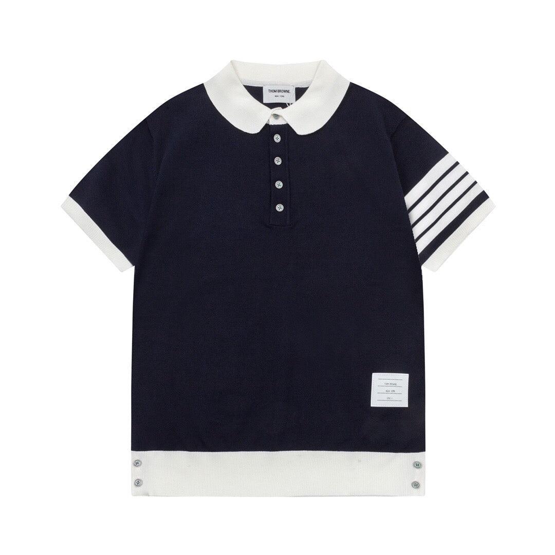 Thom Browne Navy Blue & White T-Shirt with Collar