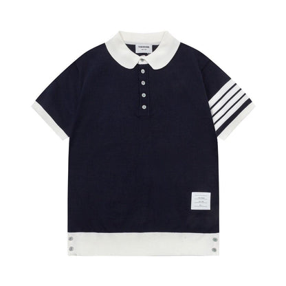 Thom Browne Navy Blue & White T-Shirt with Collar