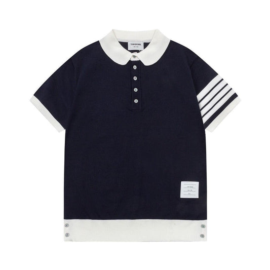 Thom Browne Navy Blue & White T-Shirt with Collar
