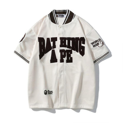 BATHNIG APE Men's BASEBALL JERSEY S/S SHIRT Brown / Ivory / Green