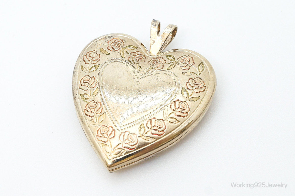 Antique GF Rose Etched Sterling Silver Heart Picture Locket Pendant