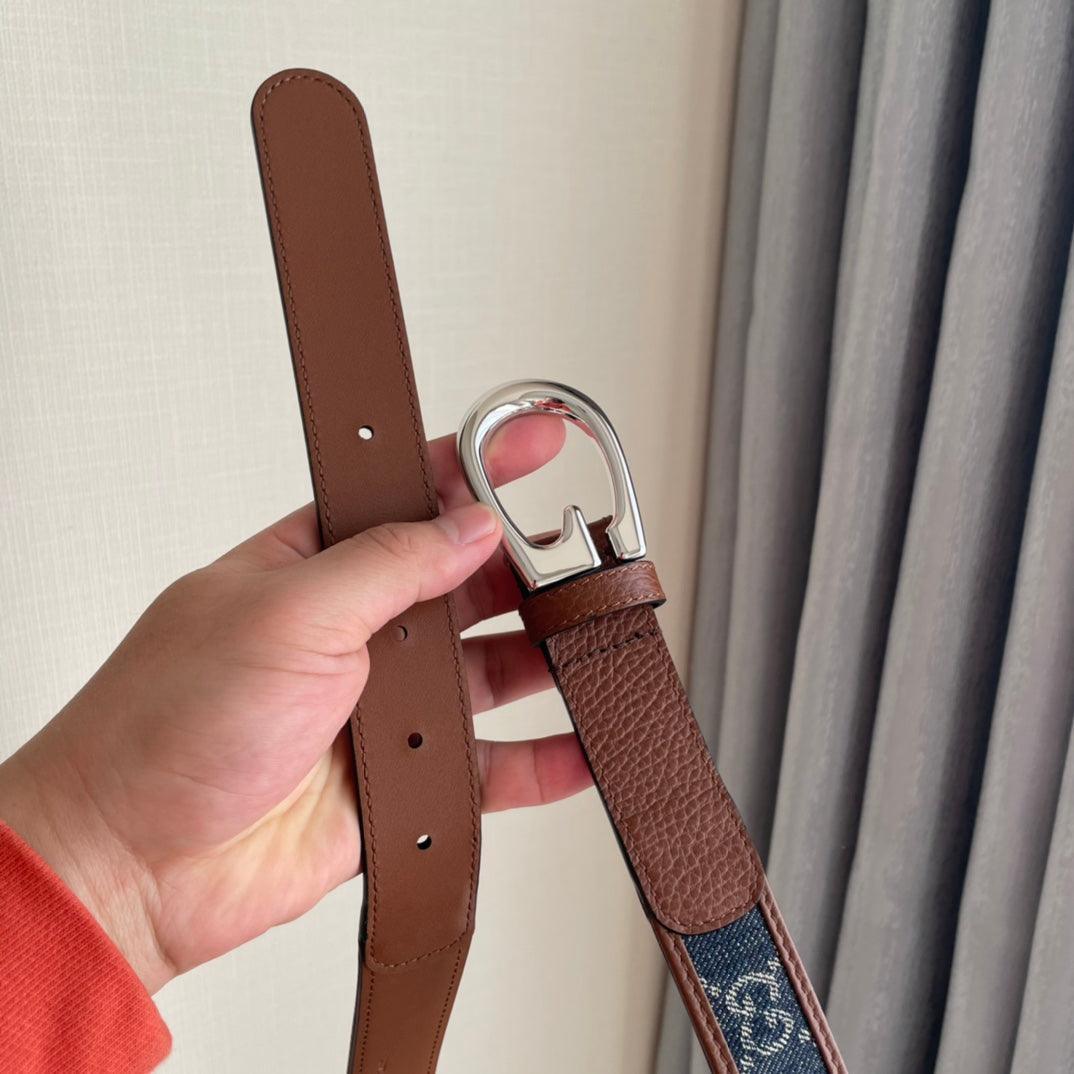 GUCCI Embellished coated-canvas and leather belt 'Brown/Blue'