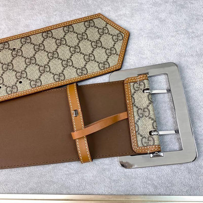 GUCCI Embellished coated-canvas and leather Women belt 'Beige'