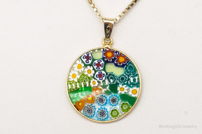 Vintage Glass Murano Millefiori Flowers Gold Vermeil Sterling Silver Necklace