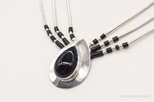 Vintage Native American Black Onyx Beaded Sterling Silver Necklace — photo 2 of 8