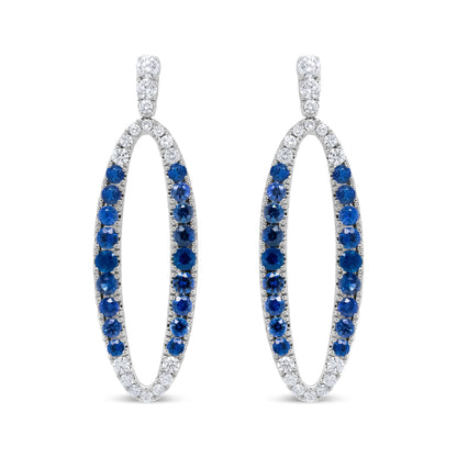 18K White Gold 1-1/10 Cttw Blue Diamond and Sapphire Oval Openwork Dangle Earrings