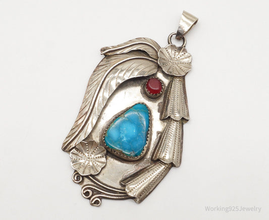 Large Vintage Native American Turquoise Carnelian Sterling Silver Pendant