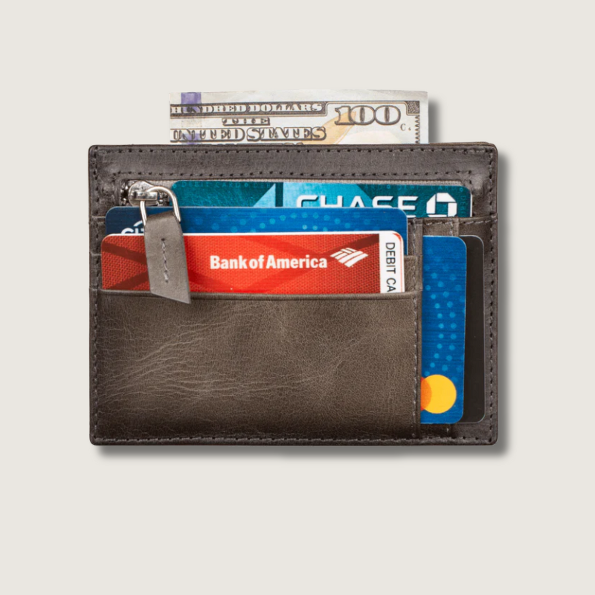 Vibrant Leather Card Holder with Zipper Pocket - Gray - Concord