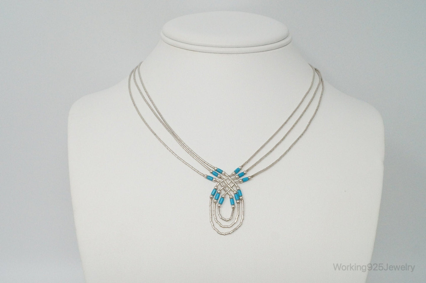 Vintage Native American Unsigned Turquoise Sterling Silver Bead Necklace