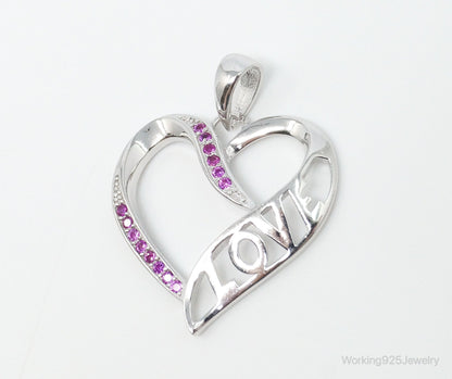 Vintage Open Heart Pink Cubic Zirconia Sterling Silver Necklace Pendant