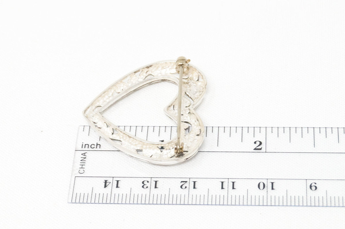 Vintage Open Heart Art Deco Swirl Sterling Silver Brooch Pin