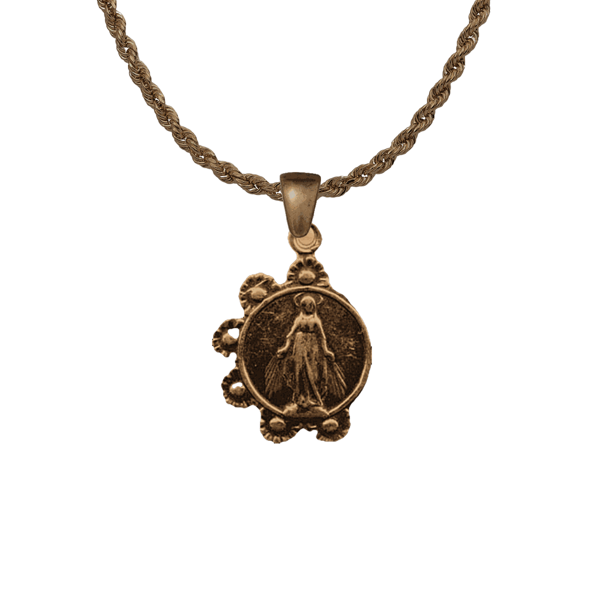 Vintage Bronze Mary with Daisy Wreath Medal