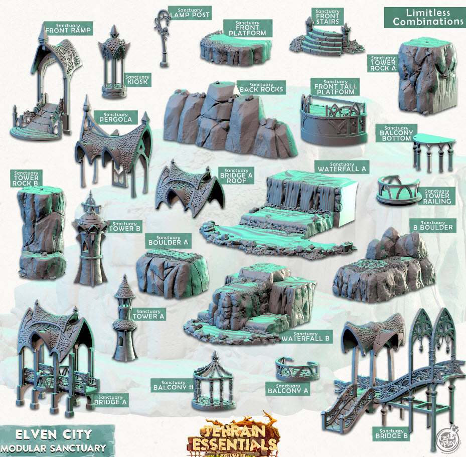 Set de ciudad élfica de santuario modular impreso en 3D para fundición y juego. Terreno esencial Vol III Exteriores 28 mm 32 mm D&D