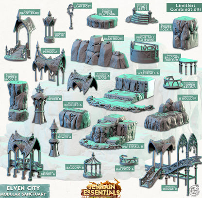 Set de ciudad élfica de santuario modular impreso en 3D para fundición y juego. Terreno esencial Vol III Exteriores 28 mm 32 mm D&D