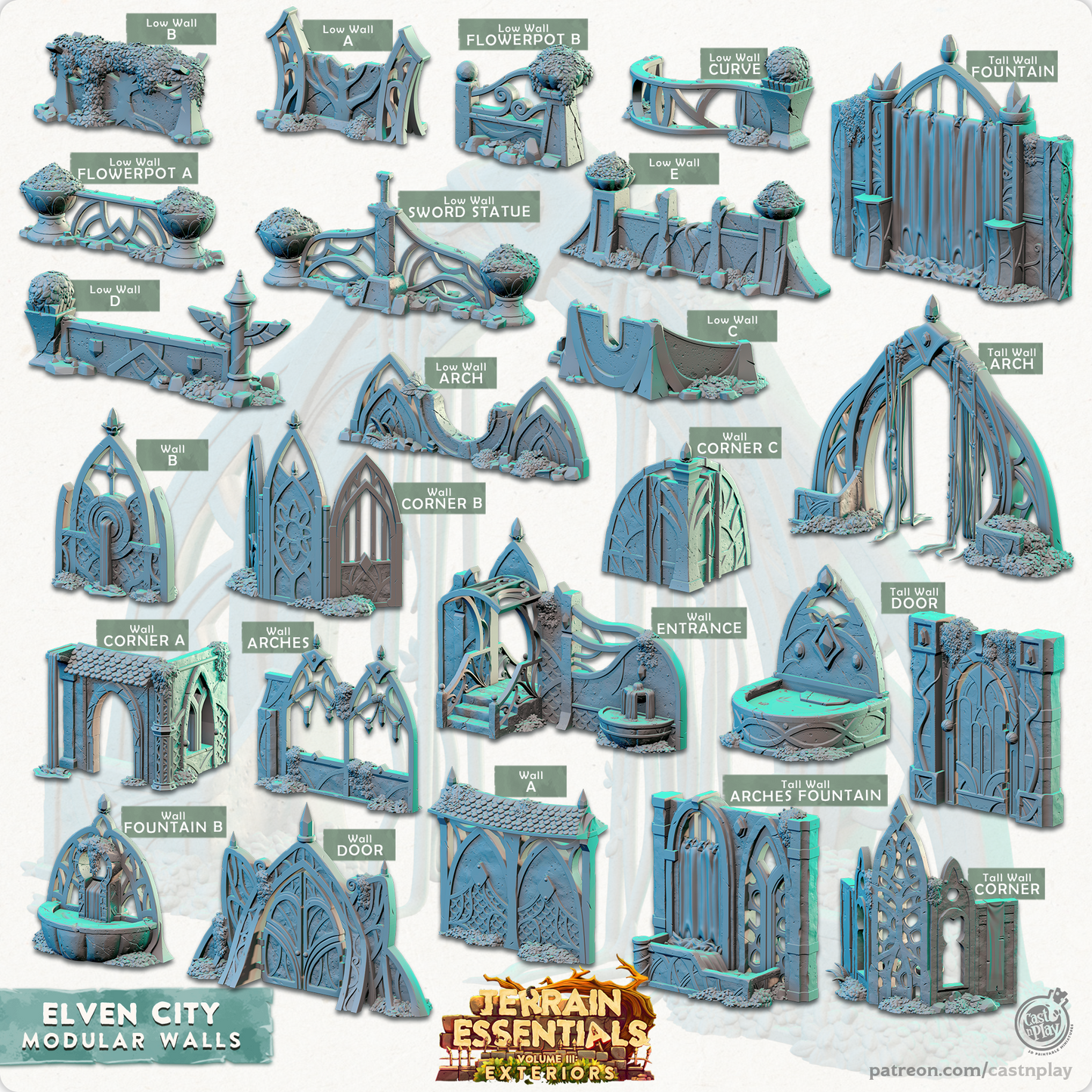 Muros modulares impresos en 3D para fundir y jugar Set de Ciudad Élfica Esenciales de Terreno Vol III Exteriores 28mm 32mm D&D