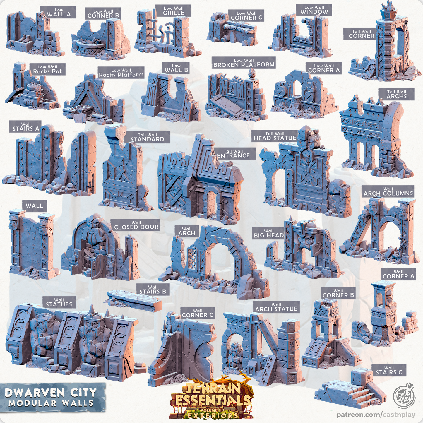 Muros modulares de escenografía 3D Cast n Play Terrain Essentials Vol III Exteriores Ciudad Enana 28mm 32mm D&D