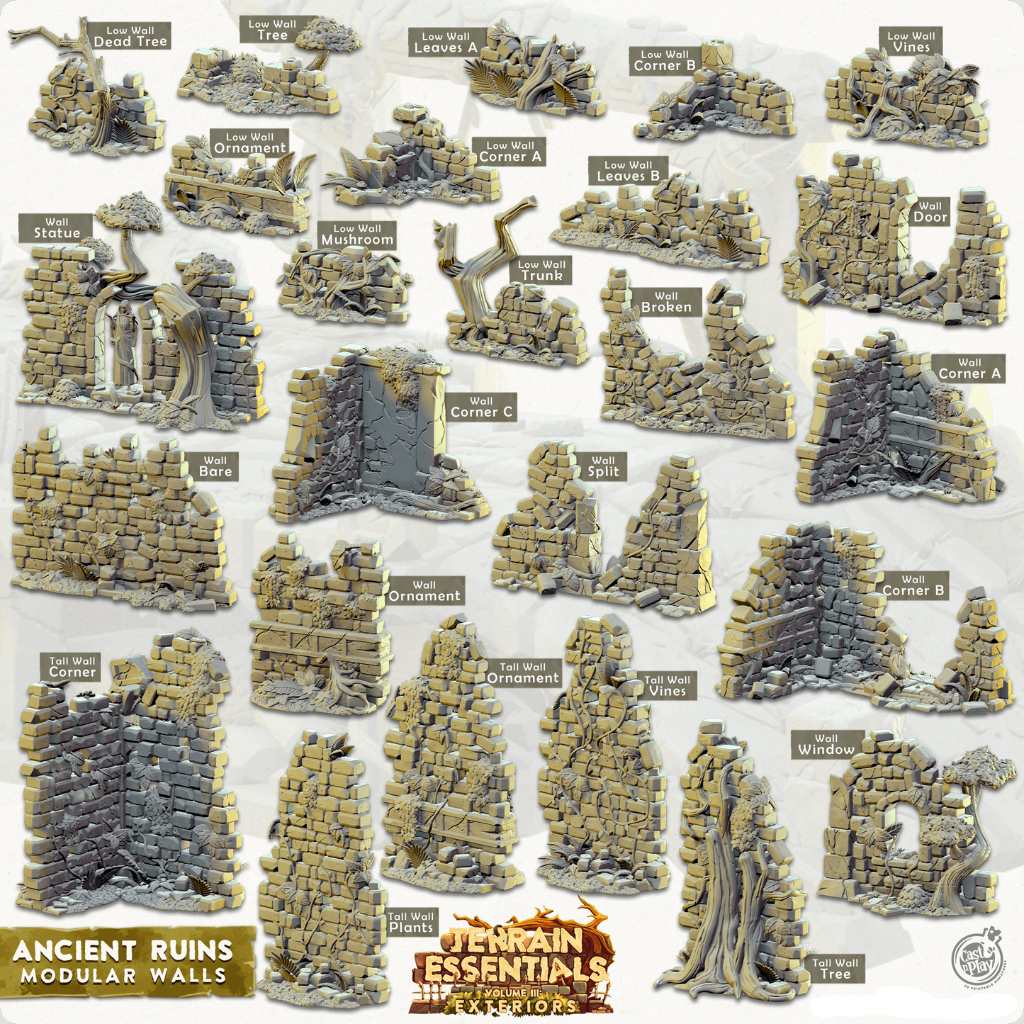 Terreno Imprimible en 3D para Elenco y Juego Esenciales Exteriores - Ruinas Antiguas Muro Modular Set 28mm 32mm D&D