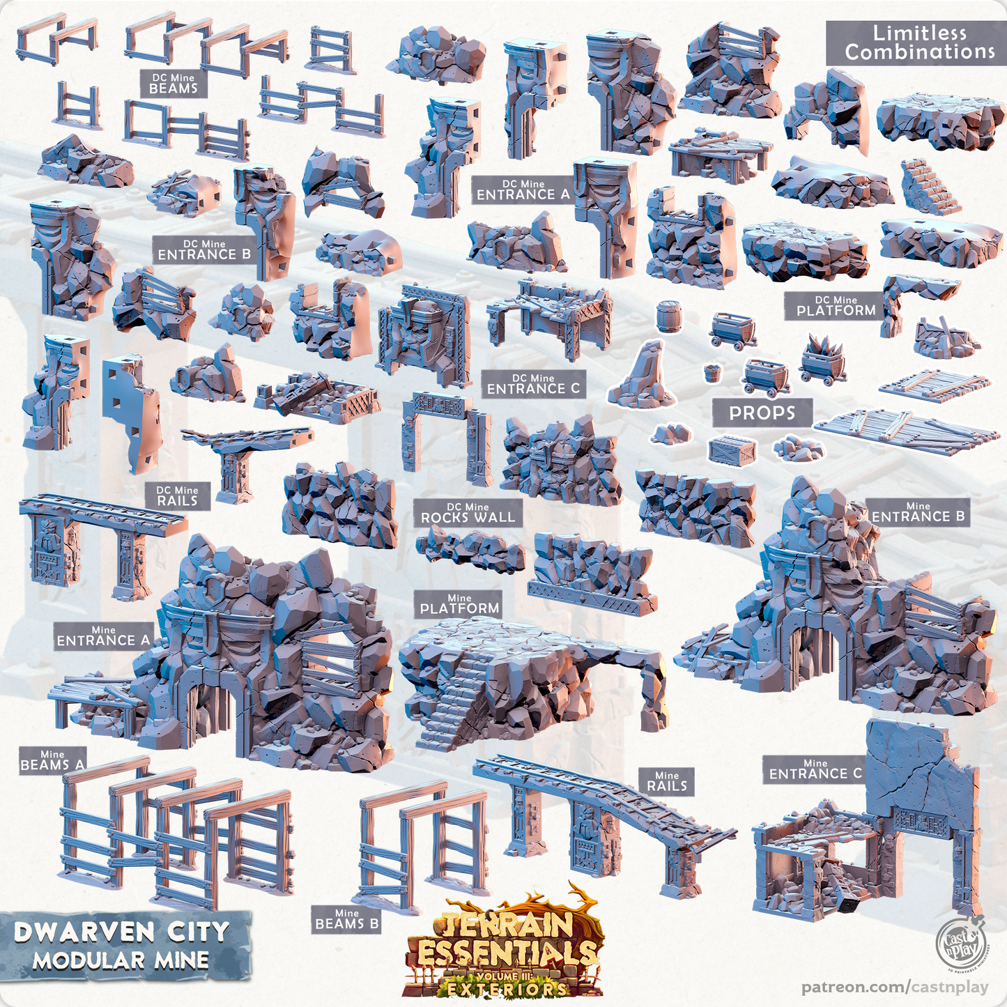 Terreno modular imprimido en 3D para fundir y jugar, Vol. III: Exteriores, Ciudad Enana, Set de Mina Modular, 28mm 32mm D&D