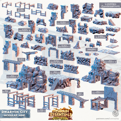 Terreno modular imprimido en 3D para fundir y jugar, Vol. III: Exteriores, Ciudad Enana, Set de Mina Modular, 28mm 32mm D&D