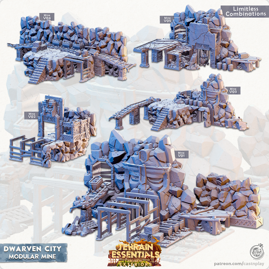 Terreno modular imprimido en 3D para fundir y jugar, Vol. III: Exteriores, Ciudad Enana, Set de Mina Modular, 28mm 32mm D&D