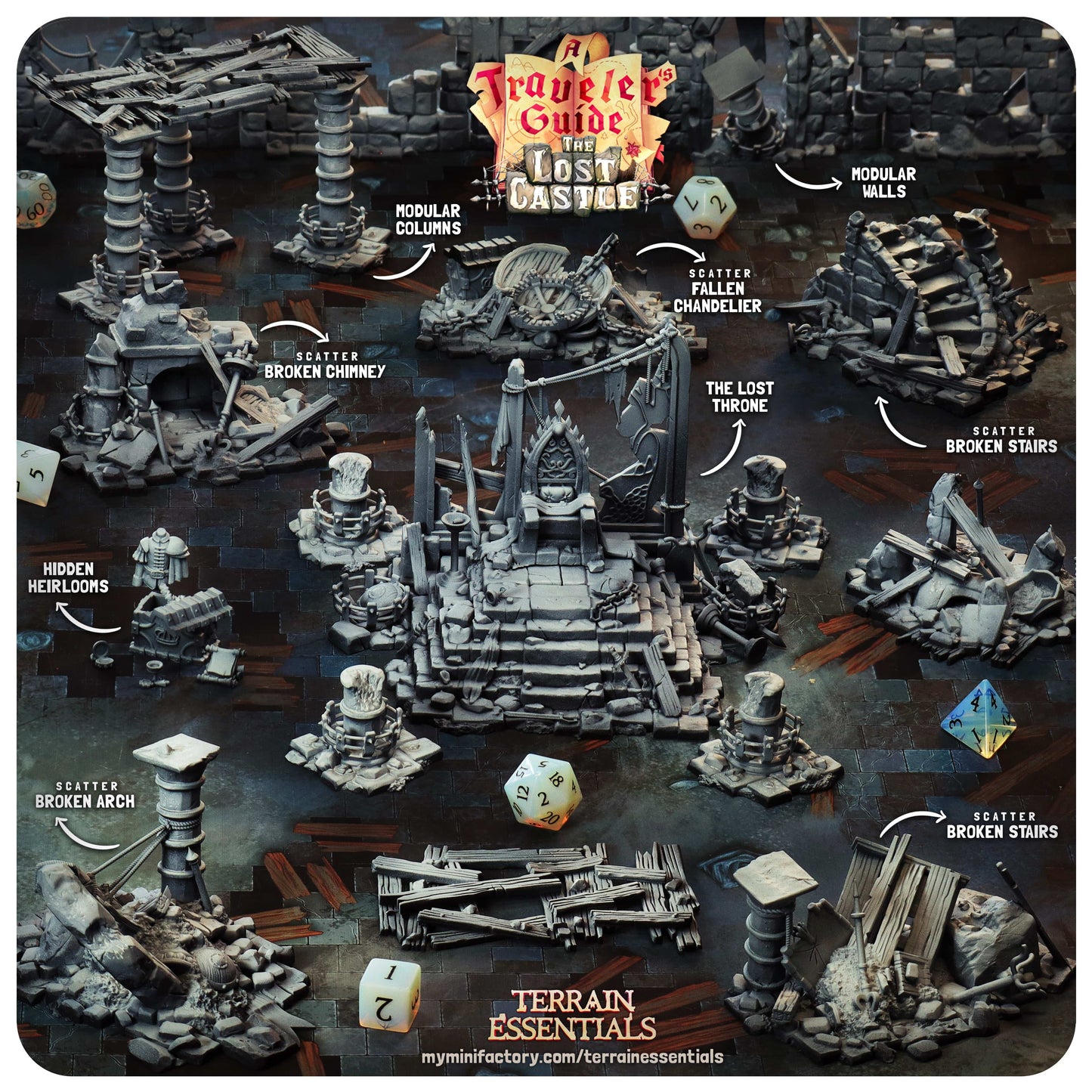 Muros modulares de castillo de resina 3D Cast n Play El set de terreno El Castillo Perdido 28mm 32mm D&D
