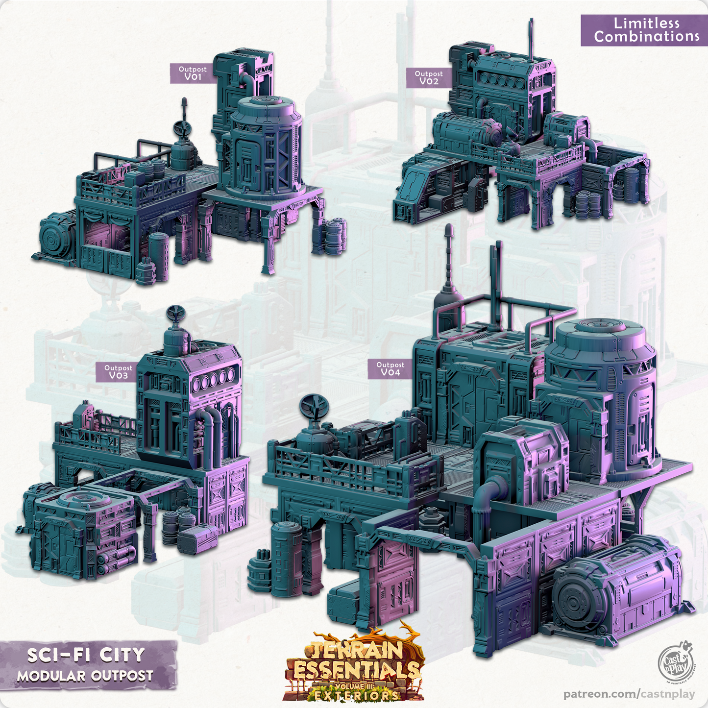 Maquetas impresas en 3D Cast n Play Puestos de Avanzada Modulares Ciudad Sci-Fi Elementos Esenciales de Terreno Vol. III Exteriores 28 mm 32 mm D&D