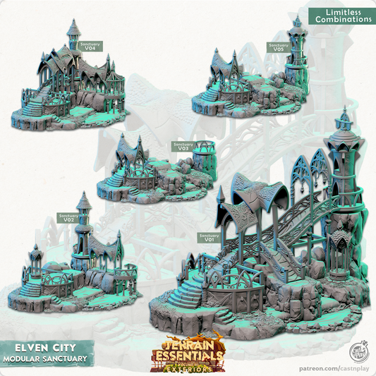 Set de ciudad élfica de santuario modular impreso en 3D para fundición y juego. Terreno esencial Vol III Exteriores 28 mm 32 mm D&D