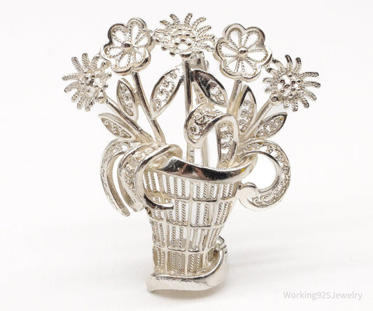 Vintage Mid Century German Sterling Silver Flower Basket Brooch Pin