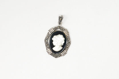 Vintage Geschnitzte Kamee Perlmutt Frau Sterling Silber Halskette Anhänger