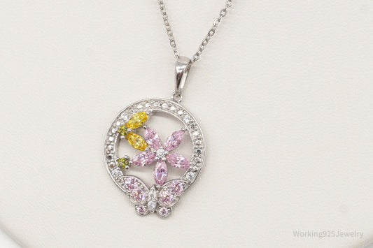 Vintage Multi Color Cubic Zirconia Sterling Silver Flower Necklace — photo 2 of 10