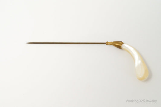 Long Antique Mother Of Pearl Brass Brooch Pin