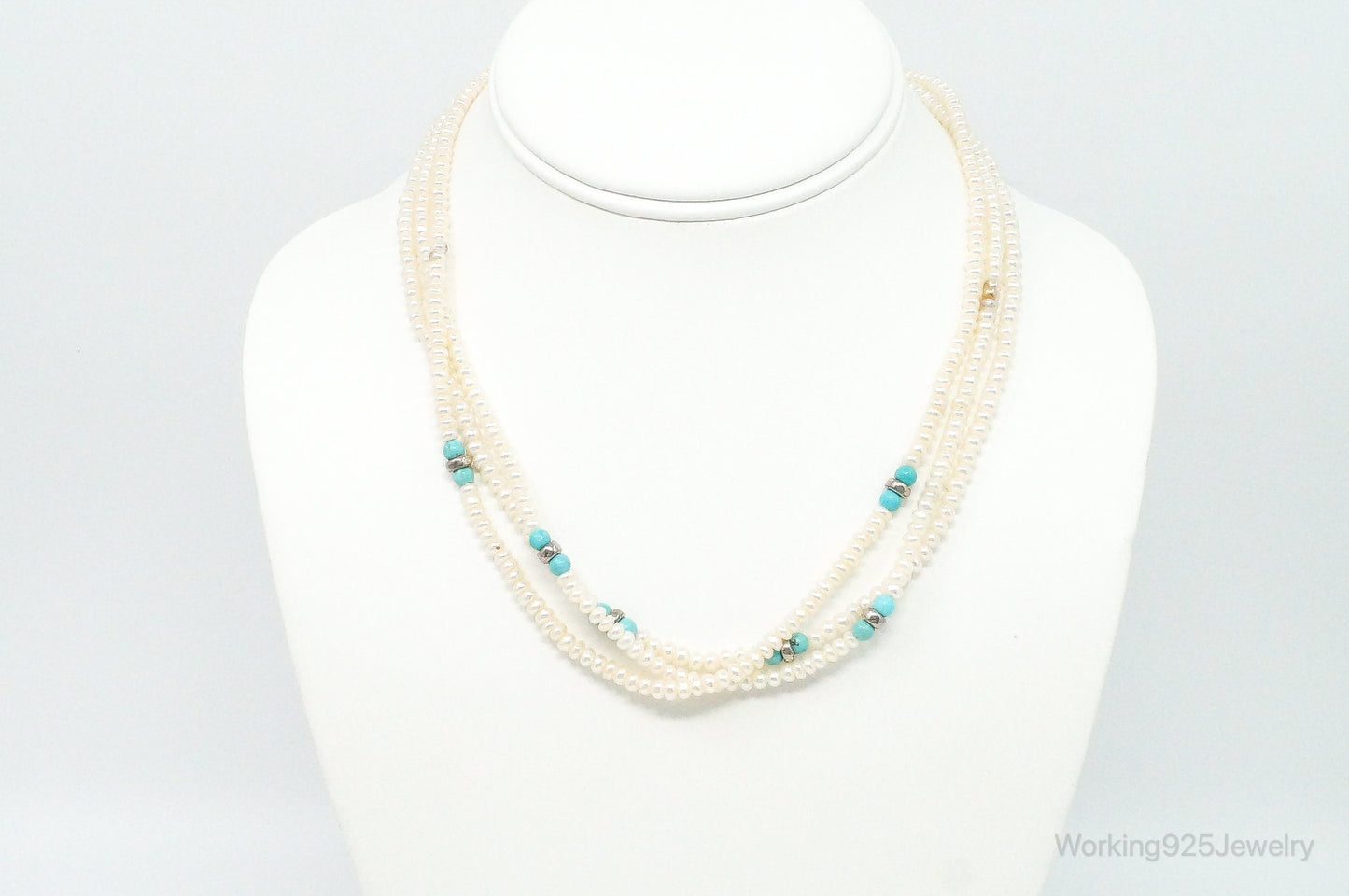 Vintage Native American Turquoise & Pearl Sterling Silver Bead Necklace