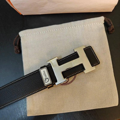 Hermès Black Leather Belt - Men's Silver 'H' Buckle Accessory