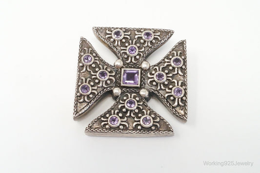 Large Vintage Designer Barse 2000 Amethyst Cross Sterling Silver Pendant