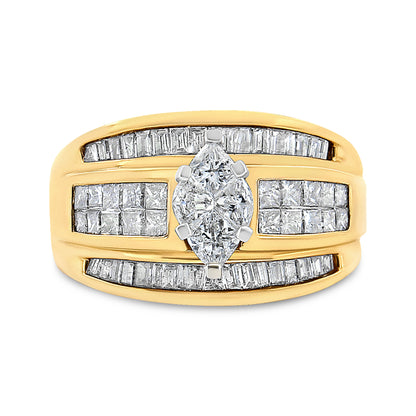 14K Yellow Gold 1 1/2 Cttw Pie, Princess and Baguette-cut Diamond Marquise Shaped Engagement Cocktail Ring Band (H-I Color, I1-I2 Clarity) - Ring Size 7