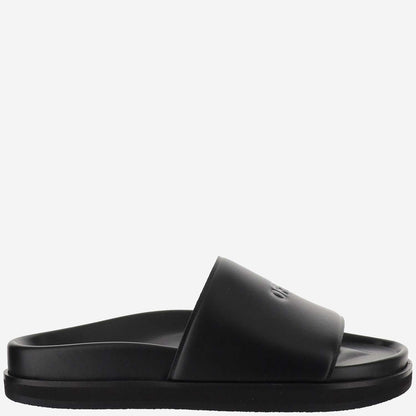 Off White Leather Slippers With Logo