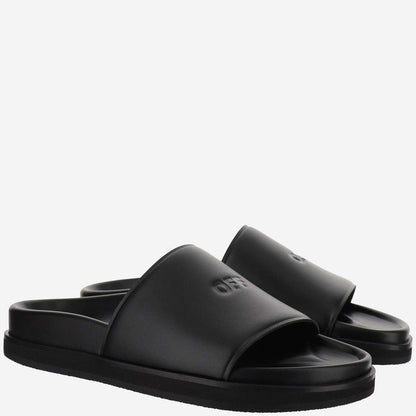 Off White Leather Slippers With Logo