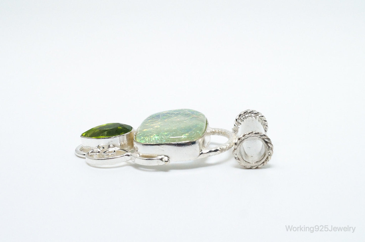 Large Vintage Rainbow Glass Peridot Sterling Silver Pendant