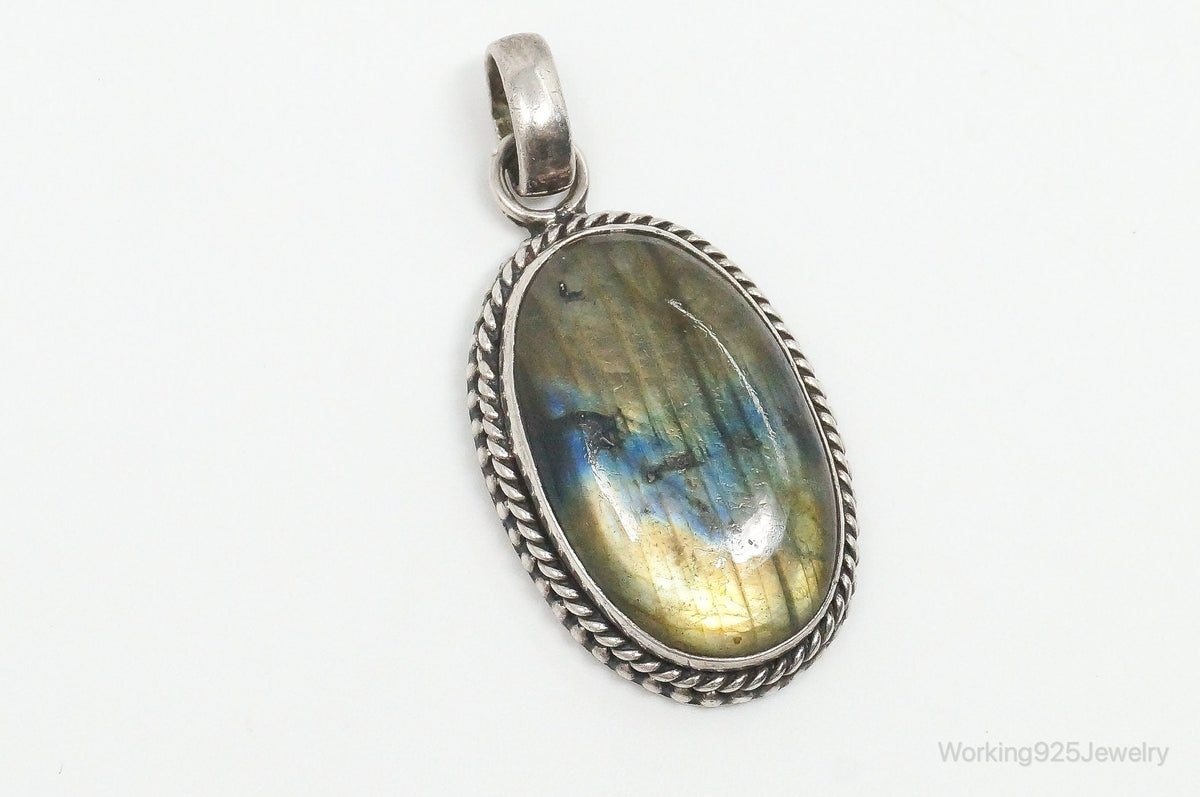 Vintage Large Labradorite Sterling Silver Necklace Pendant