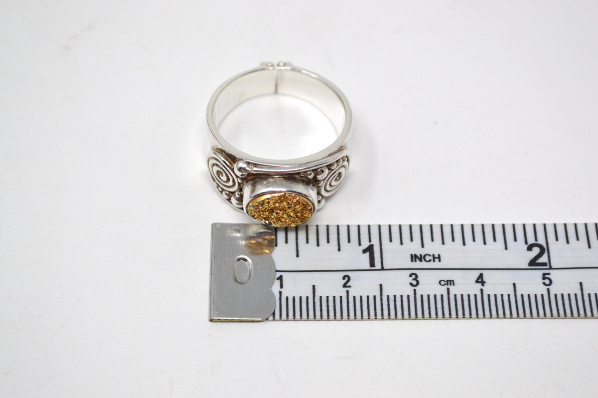 Vintage Designer Sajen Gold Druzy Sterling Silver Adjustable Ring - Size 10