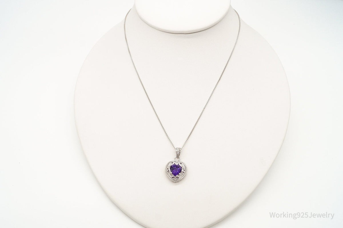 Vintage Amethyst Cubic Zirconia Heart Sterling Silver Necklace