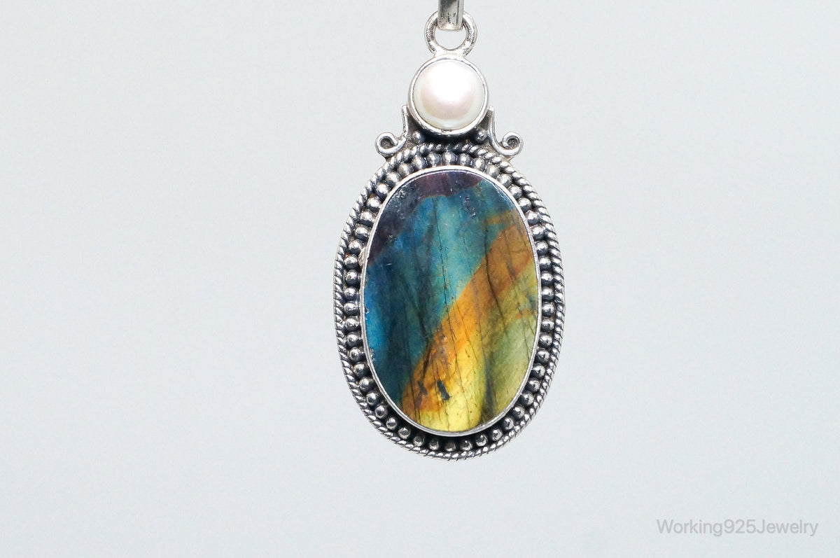 Vintage Large Labradorite Pearl Sterling Silver Necklace Pendant