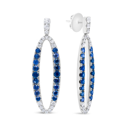 18K White Gold 1-1/10 Cttw Blue Diamond and Sapphire Oval Openwork Dangle Earrings