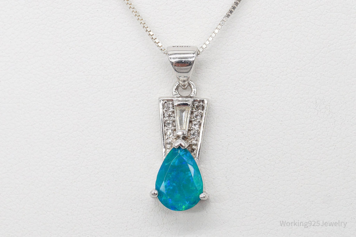 Vintage Designer Blue Opal Cubic Zirconia Sterling Silver Necklace