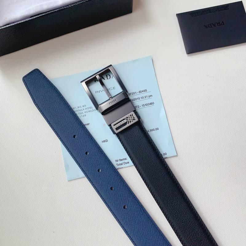 Prada Leather Reversible Belt With Triple Buckles 'Black/Blue'