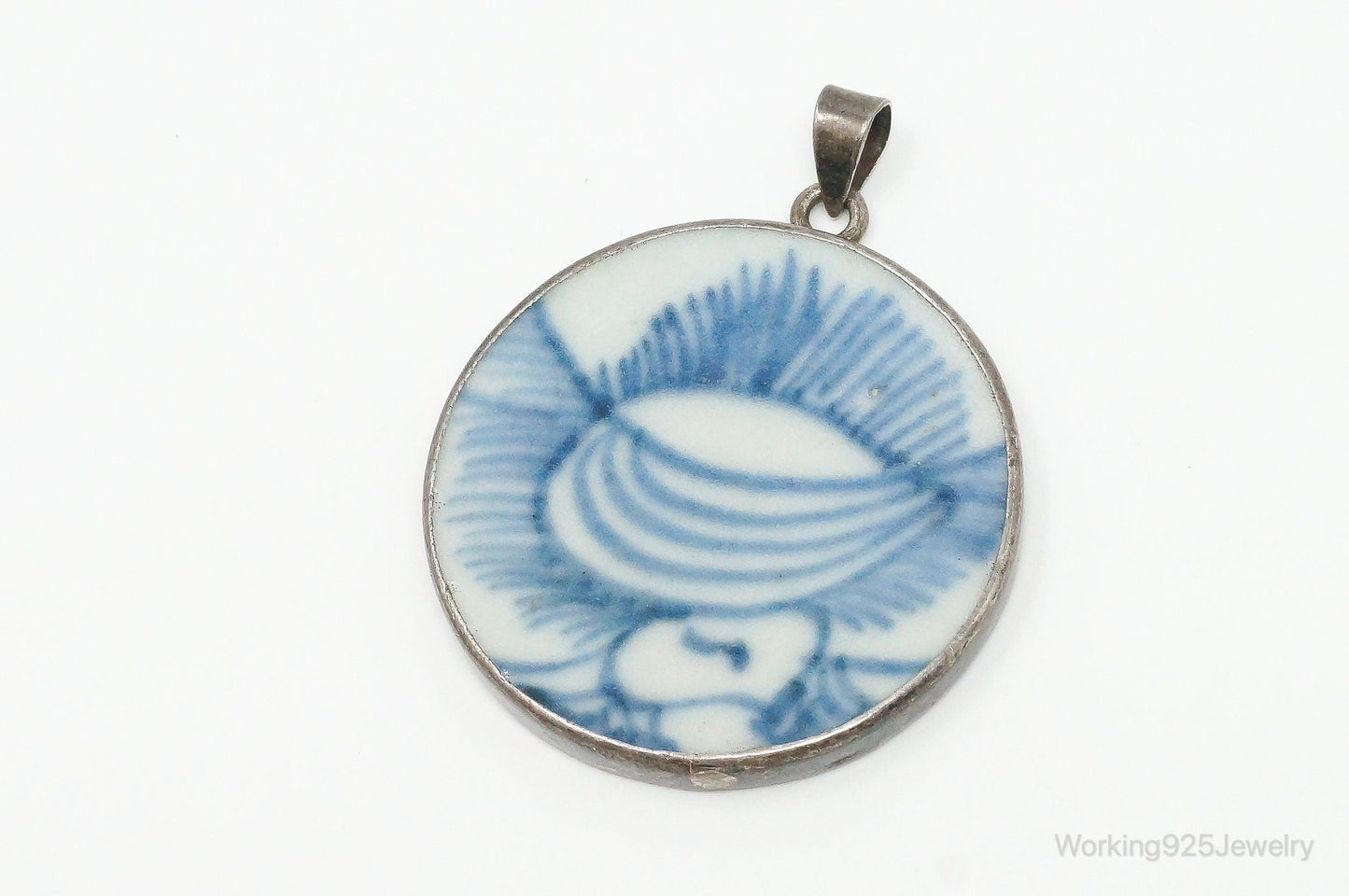 Vintage Blue & White Ming Porcelain Sterling Silver Pendant – Estate Jewelry