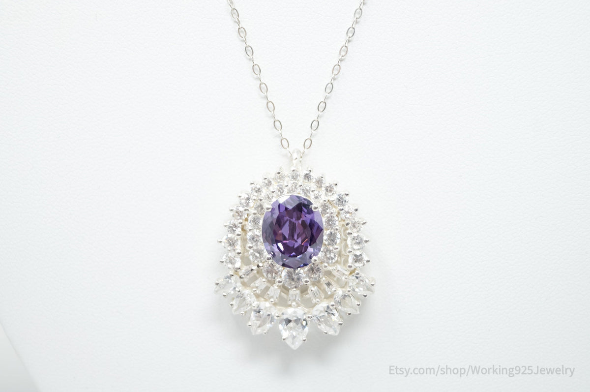 Vintage Amethyst CZ Art Deco Sterling Silver Long Chain Necklace